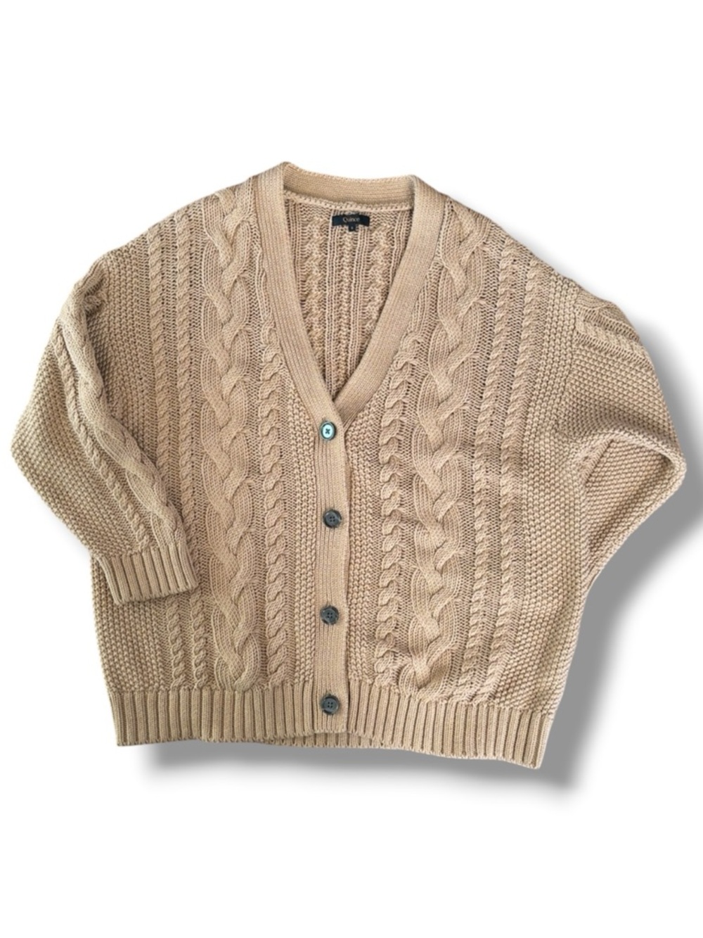 Quince‎ 100% Organic Cotton Oversized Cable Knit Cardigan Sweater Camel Tan Sz S - Picture 6 of 12